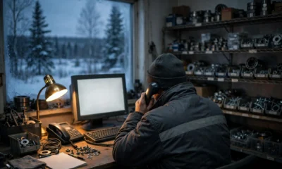 A worker seen from behind at a desk in a small industrial supply office at dusk, holding a telephone receiver to their ear, a computer screen glowing blank with no readable text, shelves of industrial parts blurred in the background, in cold blue-grey tones with a single warm desk lamp, no brand logos, no readable text.