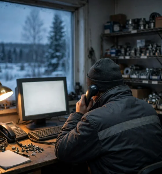 A worker seen from behind at a desk in a small industrial supply office at dusk, holding a telephone receiver to their ear, a computer screen glowing blank with no readable text, shelves of industrial parts blurred in the background, in cold blue-grey tones with a single warm desk lamp, no brand logos, no readable text.