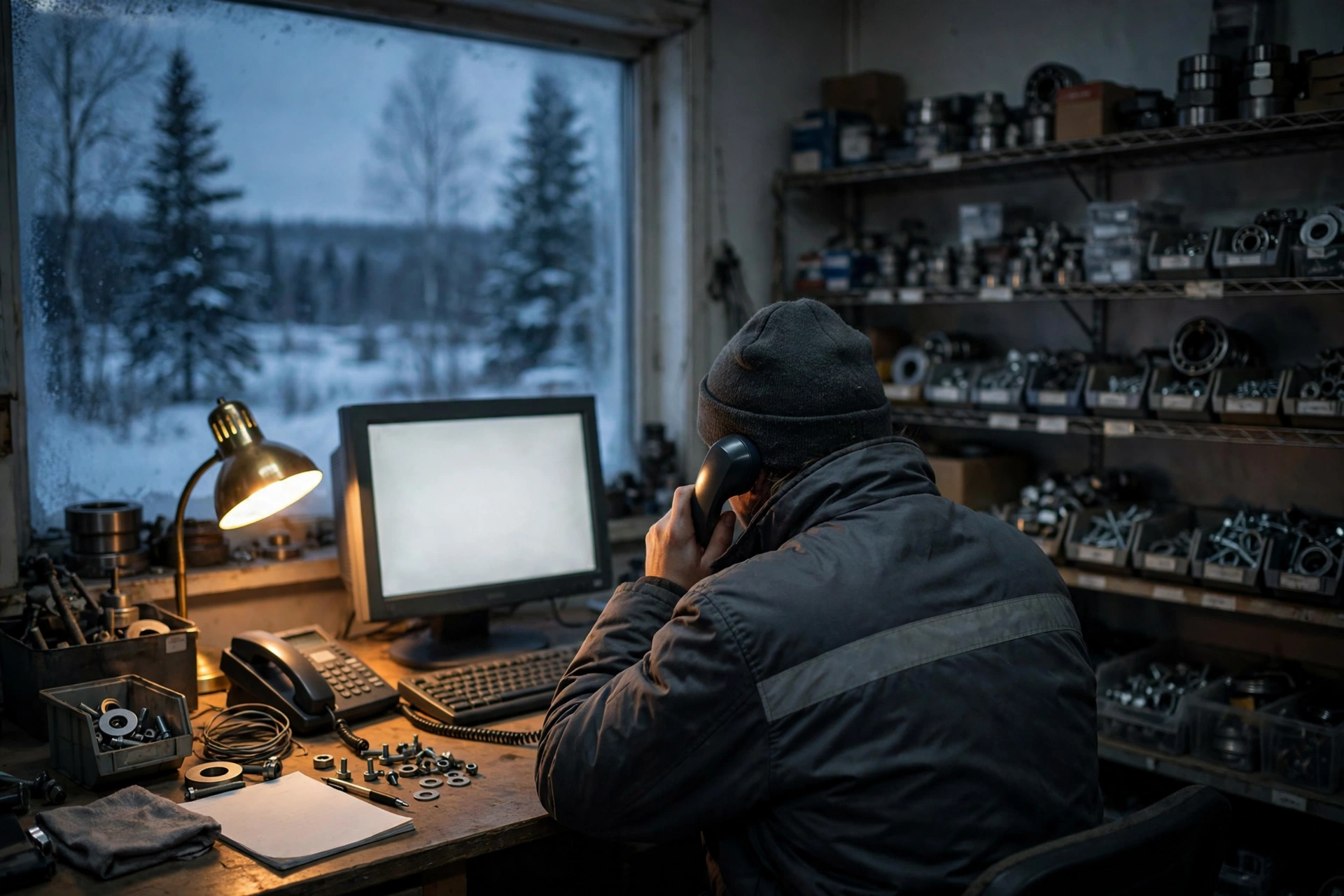 A worker seen from behind at a desk in a small industrial supply office at dusk, holding a telephone receiver to their ear, a computer screen glowing blank with no readable text, shelves of industrial parts blurred in the background, in cold blue-grey tones with a single warm desk lamp, no brand logos, no readable text.