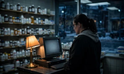 A pharmacist standing beside a darkened computer terminal with a blank glowing screen inside a small neighbourhood pharmacy at night, shelves of medicine bottles blurred in the background, in cold blue-grey tones with a single warm desk lamp, no readable text.