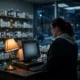 A pharmacist standing beside a darkened computer terminal with a blank glowing screen inside a small neighbourhood pharmacy at night, shelves of medicine bottles blurred in the background, in cold blue-grey tones with a single warm desk lamp, no readable text.