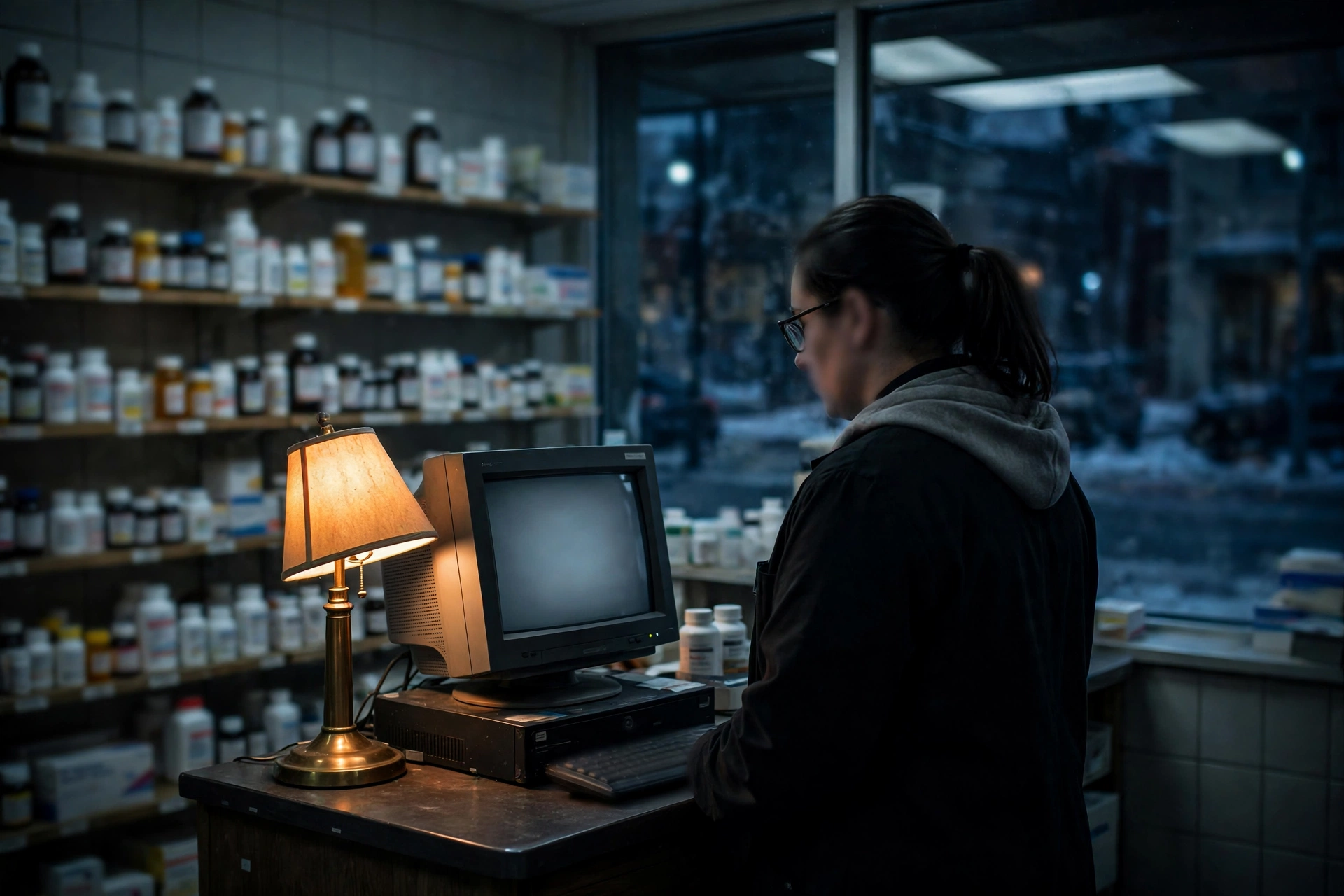 A pharmacist standing beside a darkened computer terminal with a blank glowing screen inside a small neighbourhood pharmacy at night, shelves of medicine bottles blurred in the background, in cold blue-grey tones with a single warm desk lamp, no readable text.