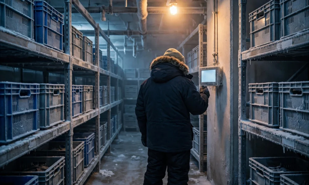 The interior of a cold-storage warehouse room with rows of metal shelving and stacked crates, a worker in cold-weather gear seen from behind checking a wall-mounted temperature monitor with a blank glowing screen, frost on the shelving, in cold blue-grey tones with a single warm overhead light, no readable text.