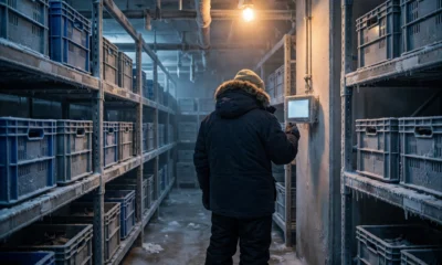 The interior of a cold-storage warehouse room with rows of metal shelving and stacked crates, a worker in cold-weather gear seen from behind checking a wall-mounted temperature monitor with a blank glowing screen, frost on the shelving, in cold blue-grey tones with a single warm overhead light, no readable text.