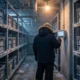 The interior of a cold-storage warehouse room with rows of metal shelving and stacked crates, a worker in cold-weather gear seen from behind checking a wall-mounted temperature monitor with a blank glowing screen, frost on the shelving, in cold blue-grey tones with a single warm overhead light, no readable text.