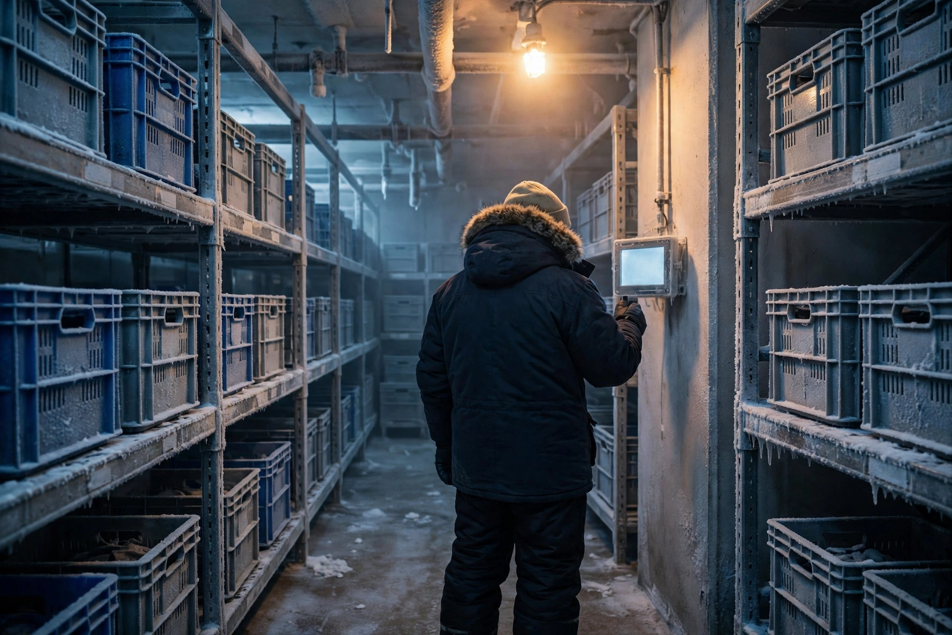 The interior of a cold-storage warehouse room with rows of metal shelving and stacked crates, a worker in cold-weather gear seen from behind checking a wall-mounted temperature monitor with a blank glowing screen, frost on the shelving, in cold blue-grey tones with a single warm overhead light, no readable text.