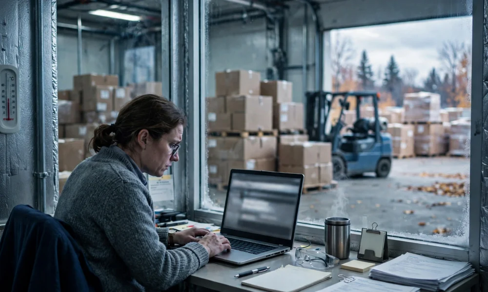 A finance clerk at a desk inside a cold-storage warehouse office looking at a laptop, with stacked shipping boxes and a forklift blurred in the background, in cold blue-grey tones.