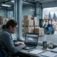 A finance clerk at a desk inside a cold-storage warehouse office looking at a laptop, with stacked shipping boxes and a forklift blurred in the background, in cold blue-grey tones.