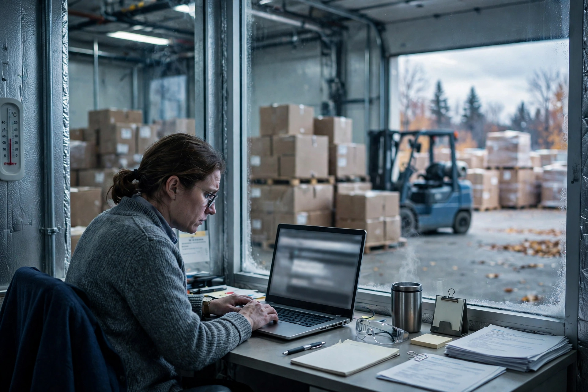 A finance clerk at a desk inside a cold-storage warehouse office looking at a laptop, with stacked shipping boxes and a forklift blurred in the background, in cold blue-grey tones.