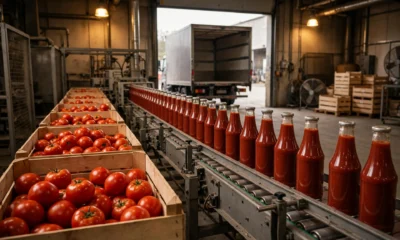 Crates of red tomatoes beside a conveyor line of plain, unlabelled ketchup bottles in a factory, with an empty delivery truck in the background.