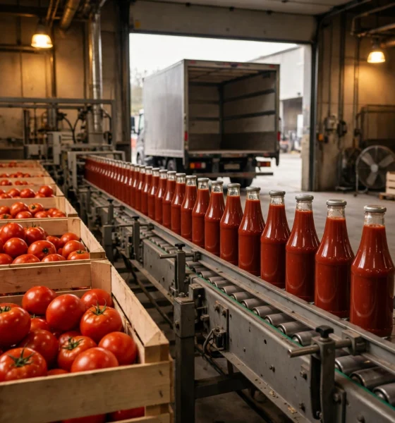 Crates of red tomatoes beside a conveyor line of plain, unlabelled ketchup bottles in a factory, with an empty delivery truck in the background.