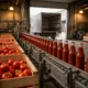 Crates of red tomatoes beside a conveyor line of plain, unlabelled ketchup bottles in a factory, with an empty delivery truck in the background.