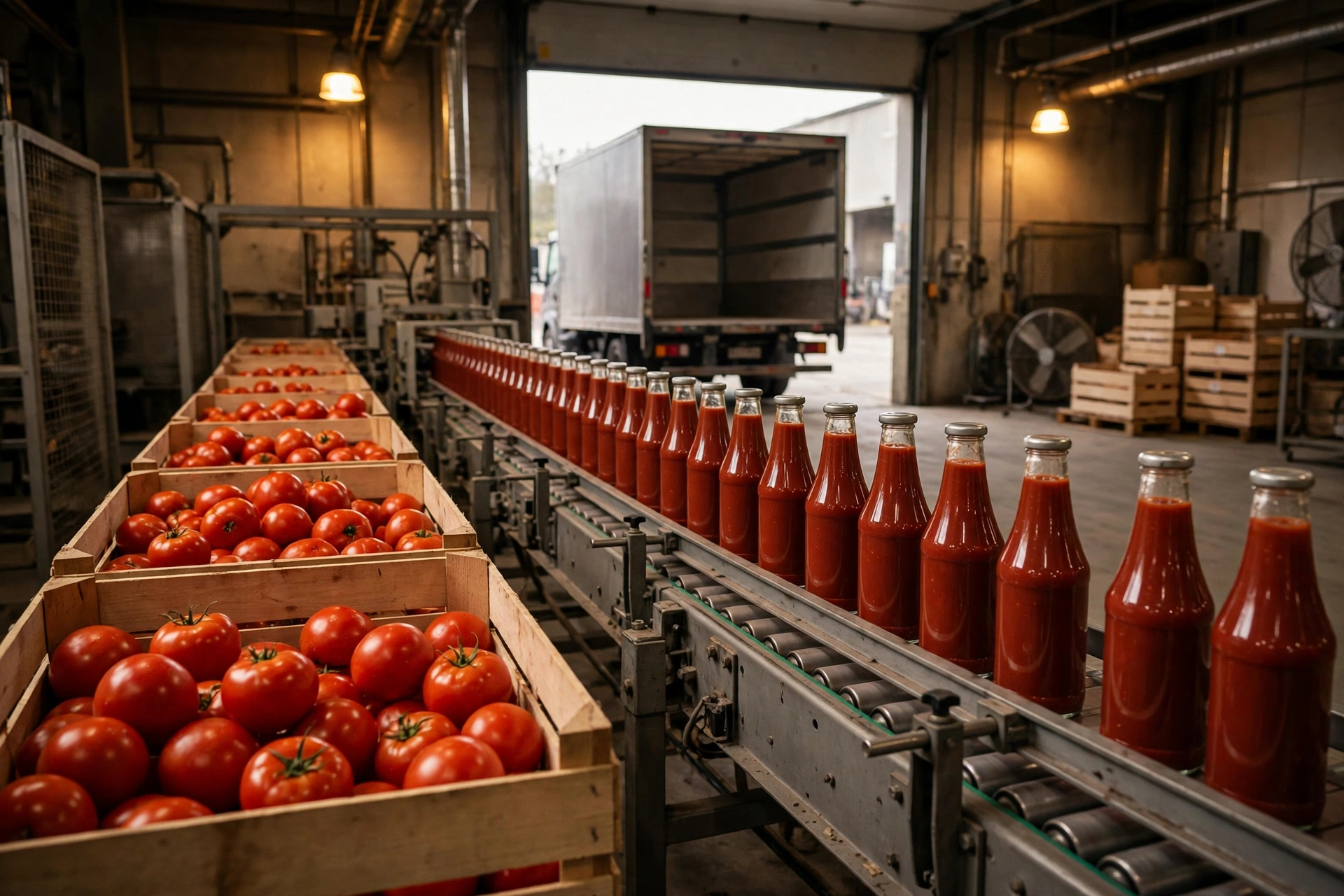 Crates of red tomatoes beside a conveyor line of plain, unlabelled ketchup bottles in a factory, with an empty delivery truck in the background.