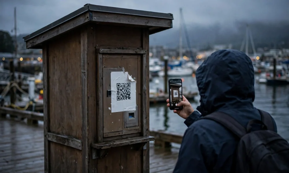 A harbour boardwalk ticket kiosk at dusk with a plain sticker over its payment panel, a visitor holding up a phone to scan it, and blurred harbour water and boats behind.