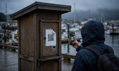 A harbour boardwalk ticket kiosk at dusk with a plain sticker over its payment panel, a visitor holding up a phone to scan it, and blurred harbour water and boats behind.
