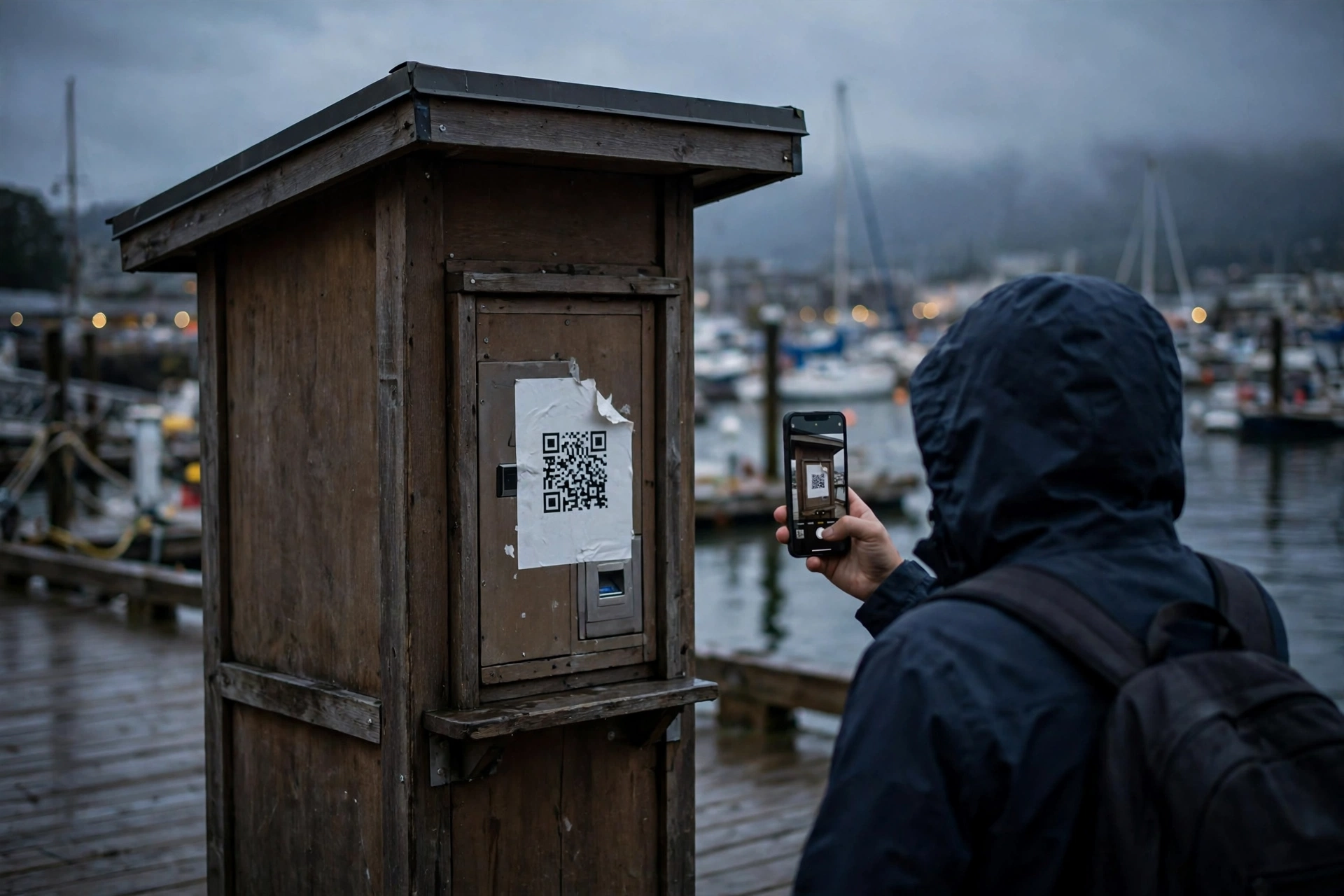 A harbour boardwalk ticket kiosk at dusk with a plain sticker over its payment panel, a visitor holding up a phone to scan it, and blurred harbour water and boats behind.