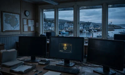 A quiet, dark municipal office at dusk with blank monitors and a warning alert on the centre screen, overlooking a small Nova Scotia harbour town.