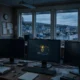 A quiet, dark municipal office at dusk with blank monitors and a warning alert on the centre screen, overlooking a small Nova Scotia harbour town.