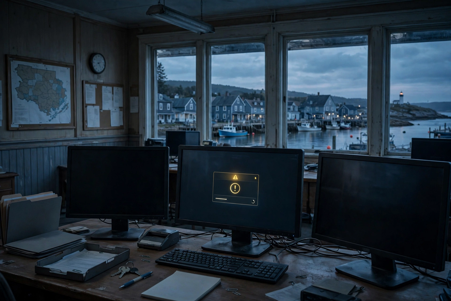 A quiet, dark municipal office at dusk with blank monitors and a warning alert on the centre screen, overlooking a small Nova Scotia harbour town.